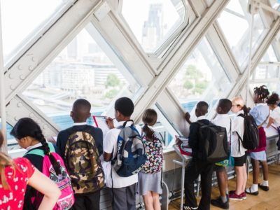 School pupils view the skyline from Tower Bridge’s high level walkways as part of a D&T workshop
